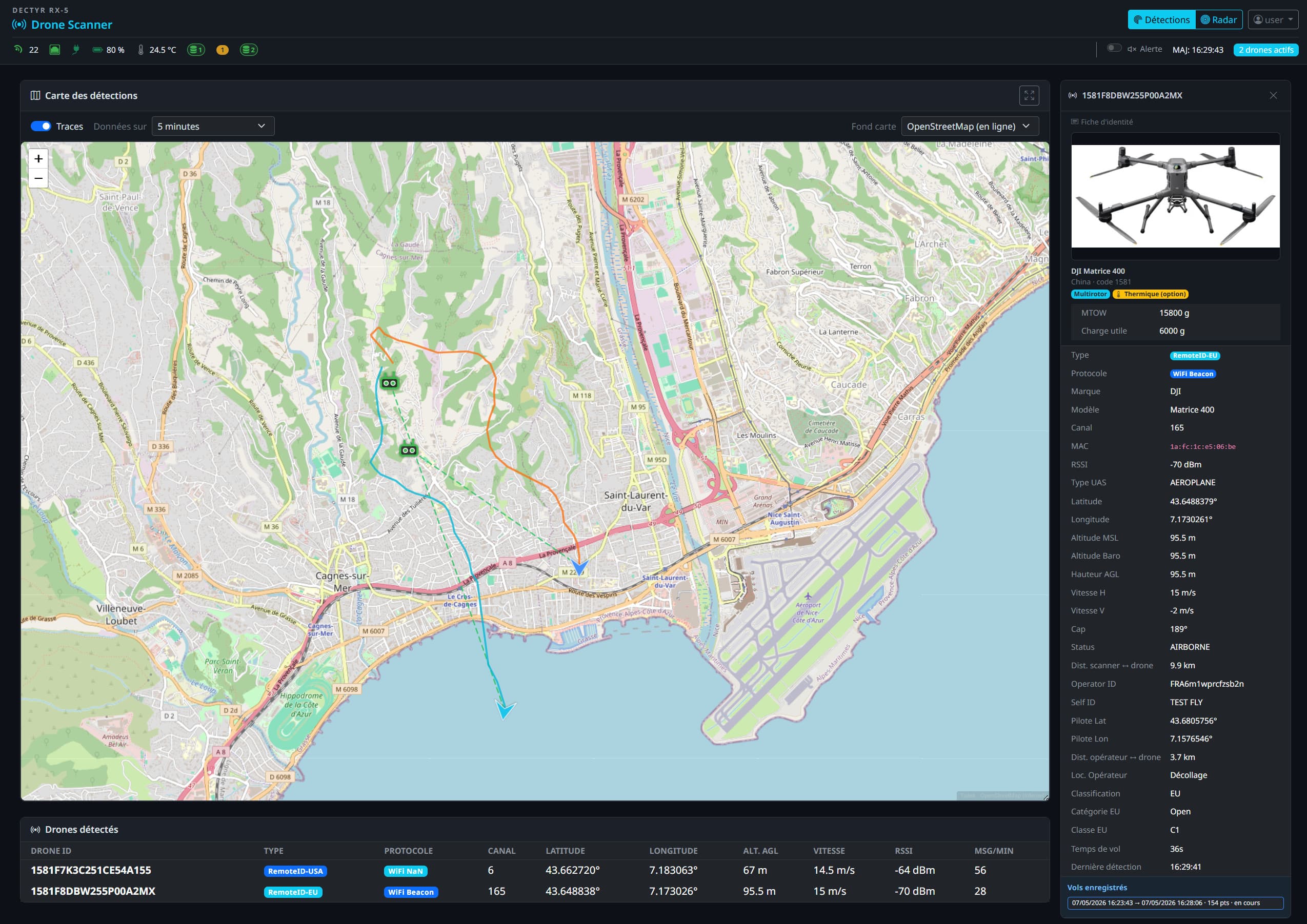 DECTYR desktop interface: RX-5 drone detection visualization